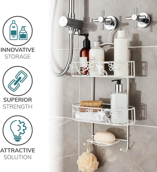 2 Tier White Hanging Shower Caddy With Additional Soap Holder
