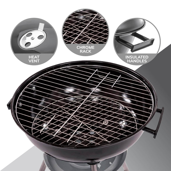 House of Home Kettle Charcoal BBQ Grill - Portable 45cm Round Barbecue with Porcelain Enamel Lid, Adjustable Damper, Ash Catcher - Great for Parties, Camping BBQs