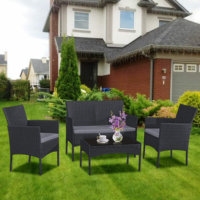 4pcs Steel & Plastic Rattan KD Sofa Set in Black