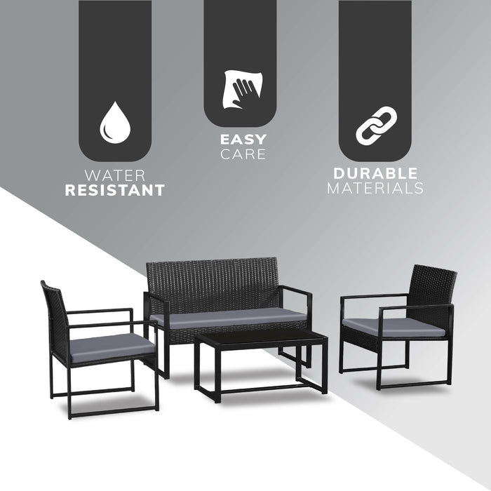 Stylish Black Frame Rattan Garden Furniture Set – 4-Piece Outdoor Furniture Collection with Double Chair, 2 Single Chairs, Glass Coffee Table