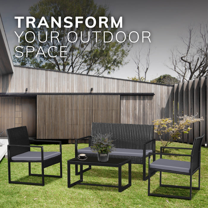 Stylish Black Frame Rattan Garden Furniture Set – 4-Piece Outdoor Furniture Collection with Double Chair, 2 Single Chairs, Glass Coffee Table