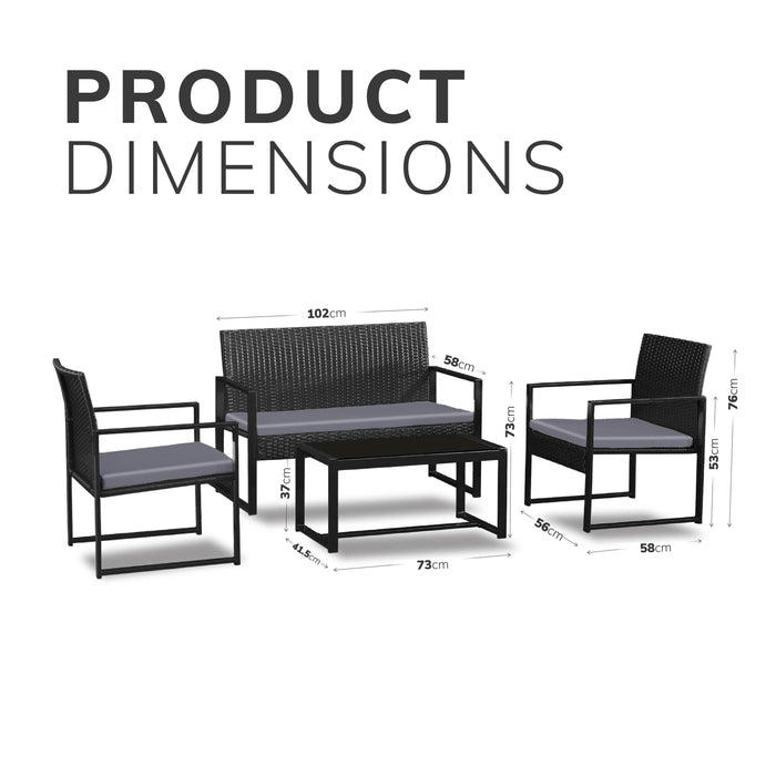 Stylish Black Frame Rattan Garden Furniture Set – 4-Piece Outdoor Furniture Collection with Double Chair, 2 Single Chairs, Glass Coffee Table