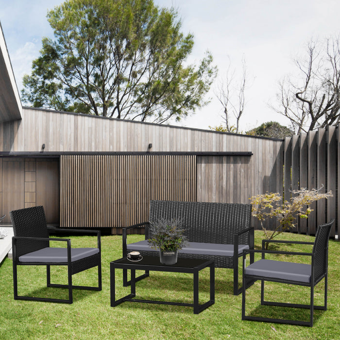 Stylish Black Frame Rattan Garden Furniture Set – 4-Piece Outdoor Furniture Collection with Double Chair, 2 Single Chairs, Glass Coffee Table
