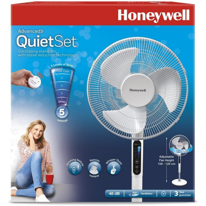 Honeywell Advanced QuietSet Oscillating Stand Fan (5 Speed Settings, Timer Function, Oscillating 70°, Height Adjustment, Remote Control, Easy to Use) HSF600W