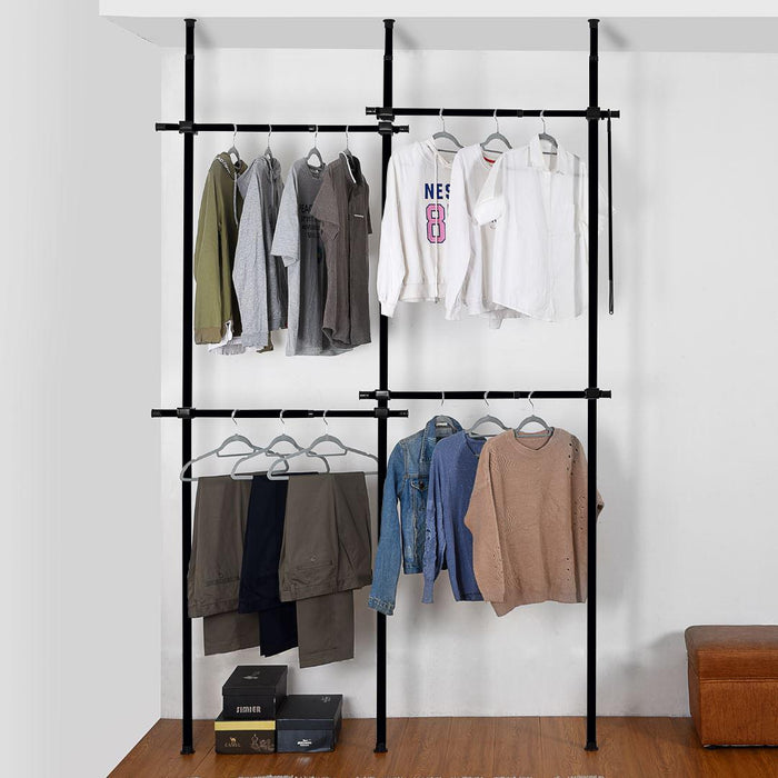 Double Black Telescopic Wardrobe Organiser Hanging Rail Clothes Rack Adjustable Storage Shelving