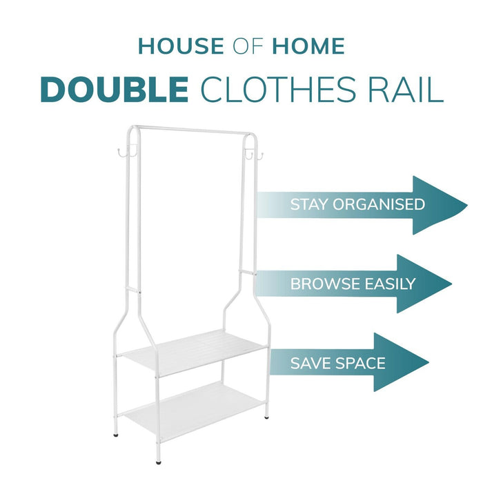 5ft Sturdy Steel White Clothes Rail With Two Shelves Hanging Storage Hooks -