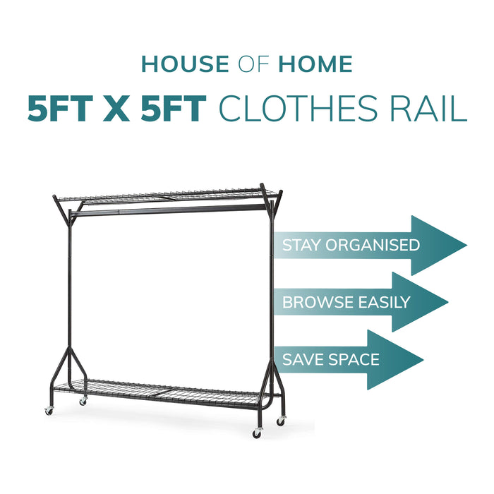 5ft long x 5ft Heavy Duty Clothes Rail with Shoe Rack Shelf and Hat Stand - Black -