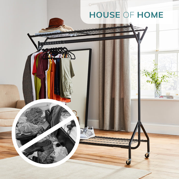 5ft long x 5ft Heavy Duty Clothes Rail with Shoe Rack Shelf and Hat Stand - Black -