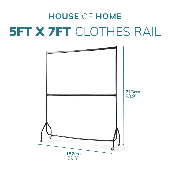 5ft long x 7ft Two Tier Heavy Duty Clothes Rail Garment Hanging Rack In Black -