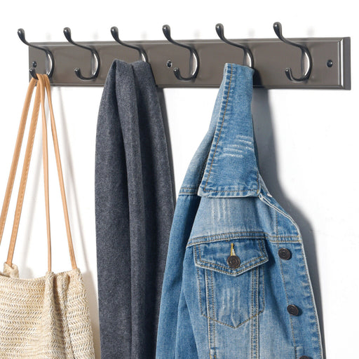 6 Double Hook Wall Mounted Door Clothes Hanger Coat Rack in Charcoal Grey -