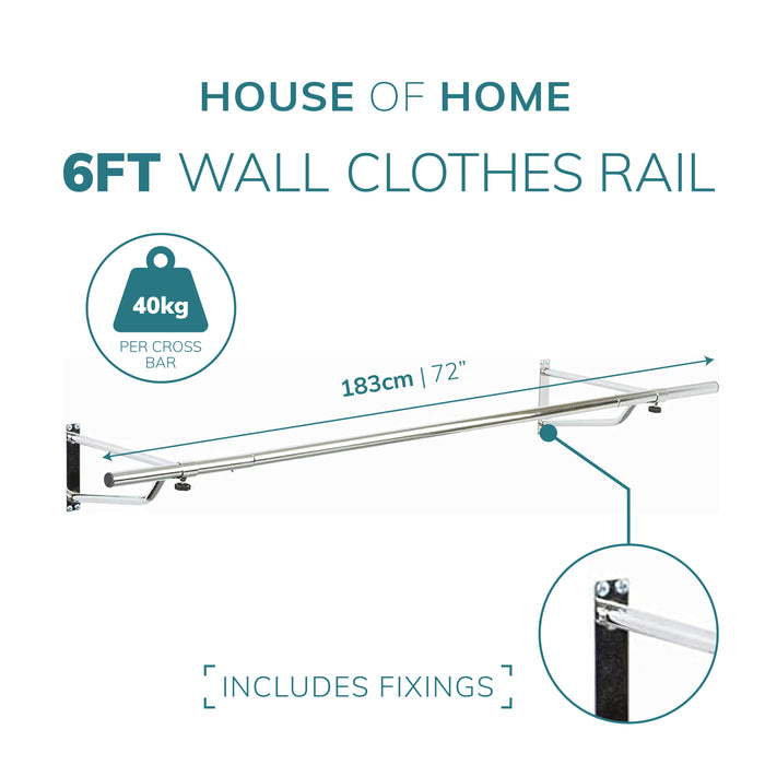6ft Wall Mounted Clothes Wardrobe Rail In Chrome -