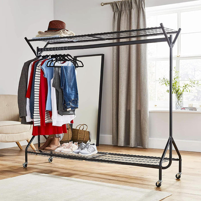 6ft long x 5ft Heavy Duty Clothes Rail with Shoe Rack Shelf and Hat Stand - Black -