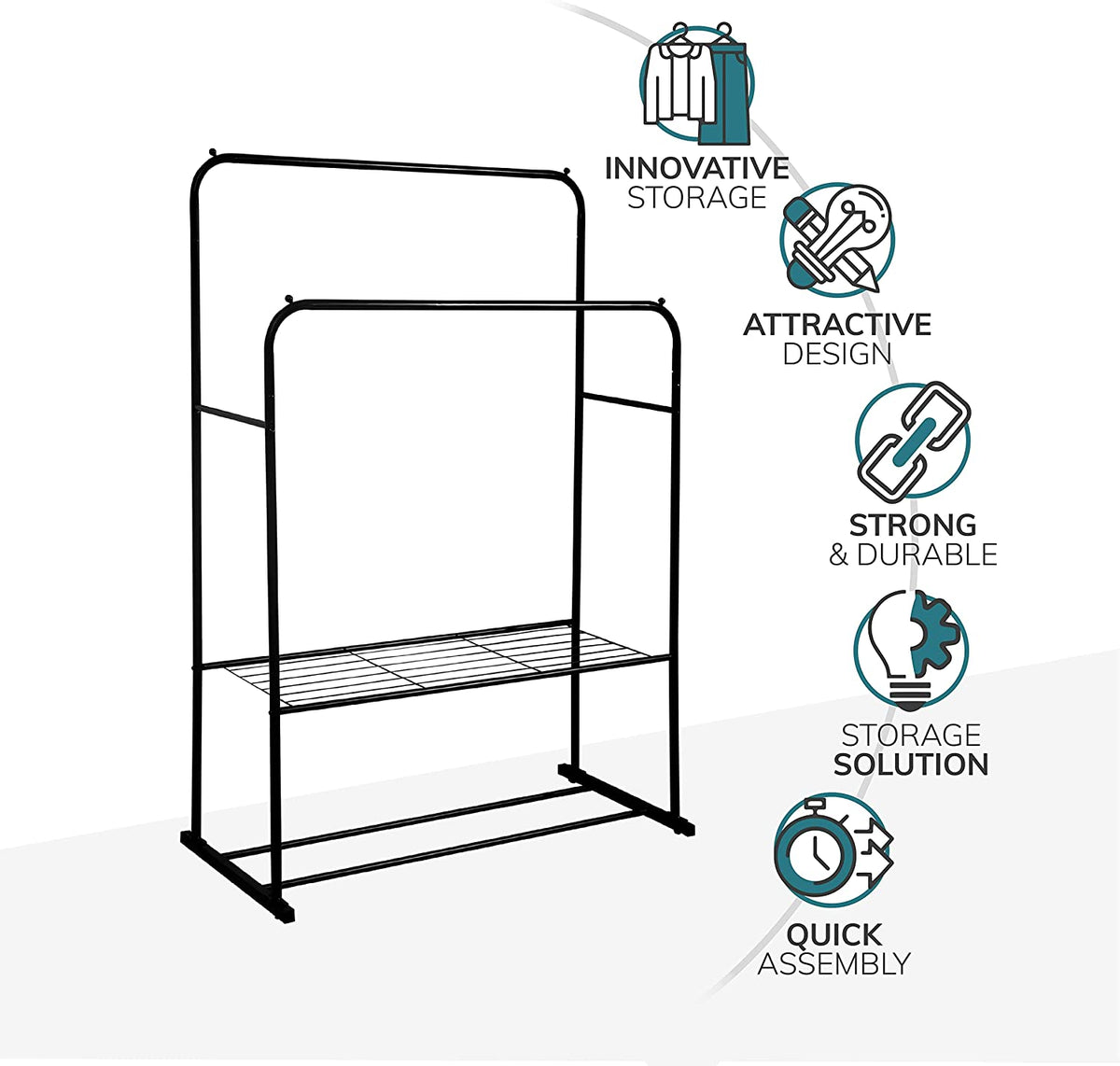 Heavy Duty Metal Clothes Rail with Garment Shoe Rack Storage Shelf & A