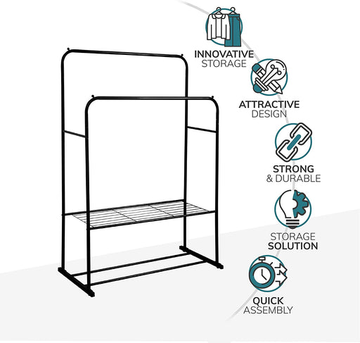 Heavy Duty Metal Clothes Rail with Garment Shoe Rack Storage Shelf & Adjustable Feet in Black -