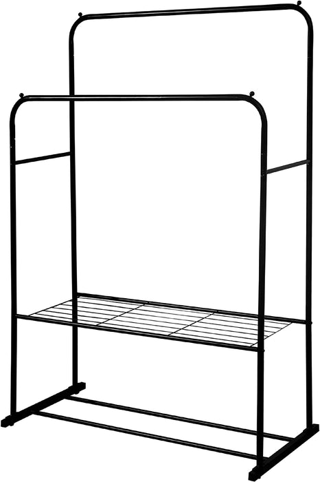 Heavy Duty Metal Clothes Rail with Garment Shoe Rack Storage Shelf & Adjustable Feet in Black -