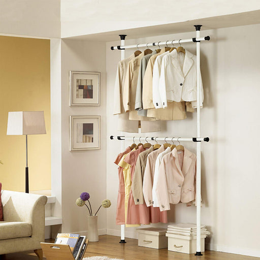 Telescopic Wardrobe Organiser Hanging Rail Clothes Rack Adjustable Storage Shelving -