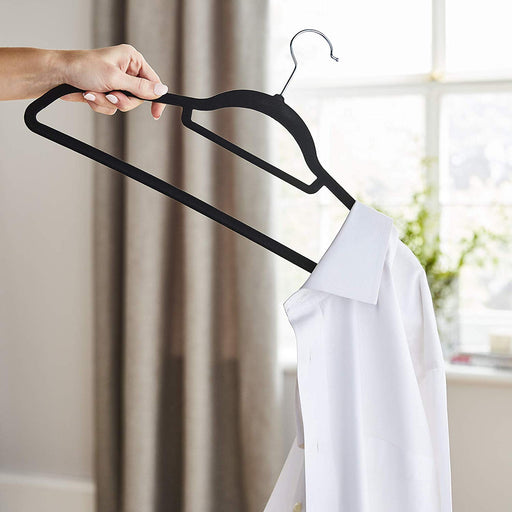 50 x Black Non Slip Velvet Hangers With Tie Belt Scarf Holder - Ultra slim design -
