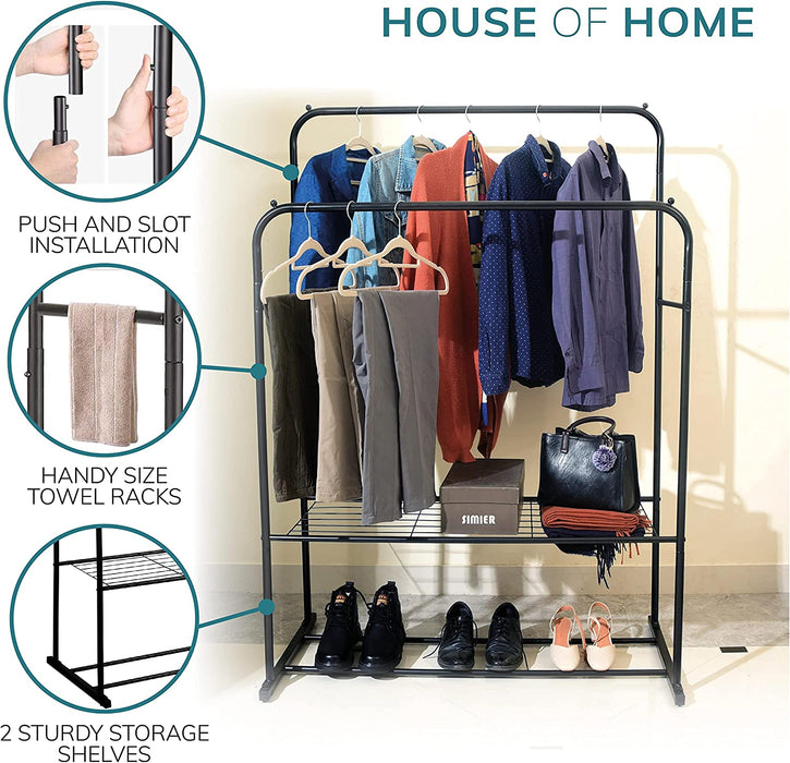 Black Double Clothes Rail with 2 Shelves – Heavy Duty Metal Frame with ...