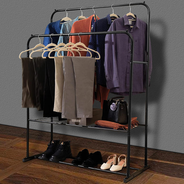 Heavy Duty Metal Clothes Rail with Garment Shoe Rack Storage Shelf & Adjustable Feet in Black -