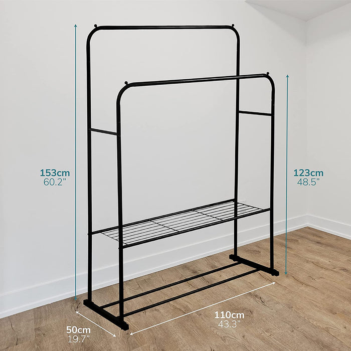 Heavy Duty Metal Clothes Rail with Garment Shoe Rack Storage Shelf & Adjustable Feet in Black -