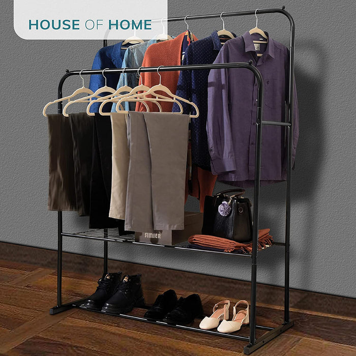 Heavy Duty Metal Clothes Rail with Garment Shoe Rack Storage Shelf & Adjustable Feet in Black -