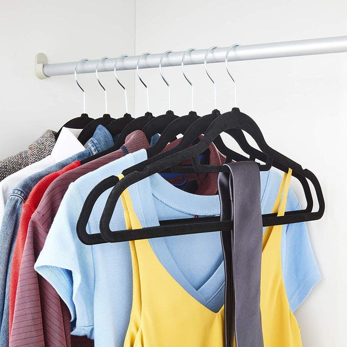 50 x Black Non Slip Velvet Hangers With Tie Belt Scarf Holder - Ultra slim design -