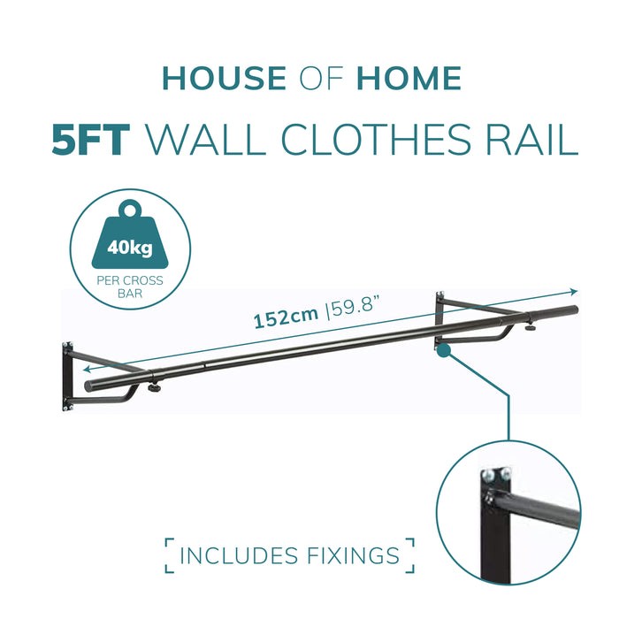 5ft Wall Mounted Clothes Rail In Black Powder Coating -