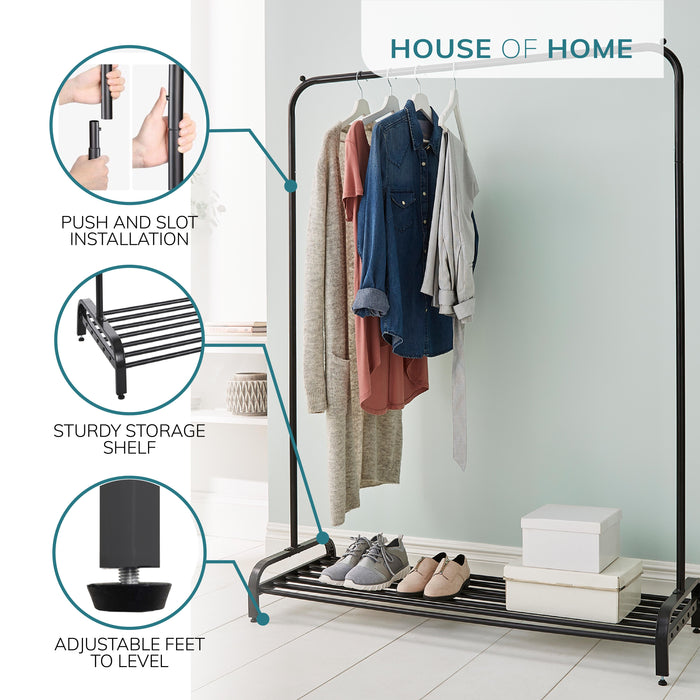 Garment Rack Clothes Rail With Shoe Storage Shelf & Adjustable Feet -