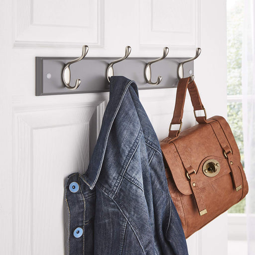 Heavy Duty 4 Double Coat Hooks Wall Door Mountable Grey Wooden Board -