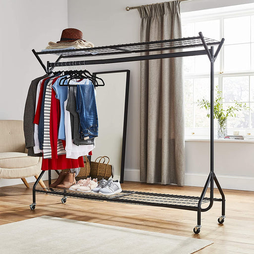 4ft long x 5ft Heavy Duty Clothes Rail with Shoe Rack Shelf and Hat Stand - Black -