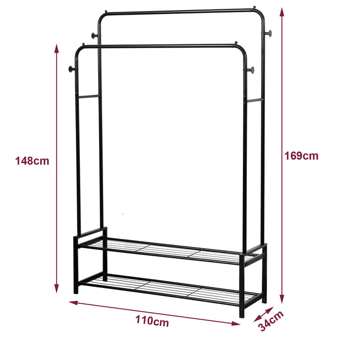 Freestanding Double Clothes Rail with Shoe Rack -