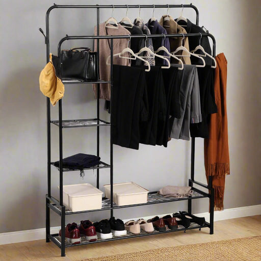 Freestanding Double Clothes Rail with 2 Shoe Racks and 3 Shelves -