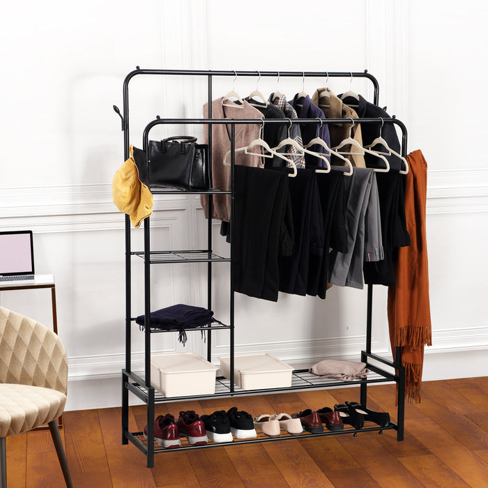 Freestanding Double Clothes Rail with 2 Shoe Racks and 3 Shelves -