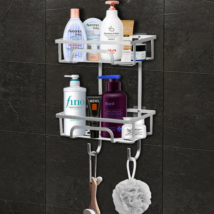 Self Adhesive 2 Tier Aluminium Shower Caddy with Bottom Hooks -