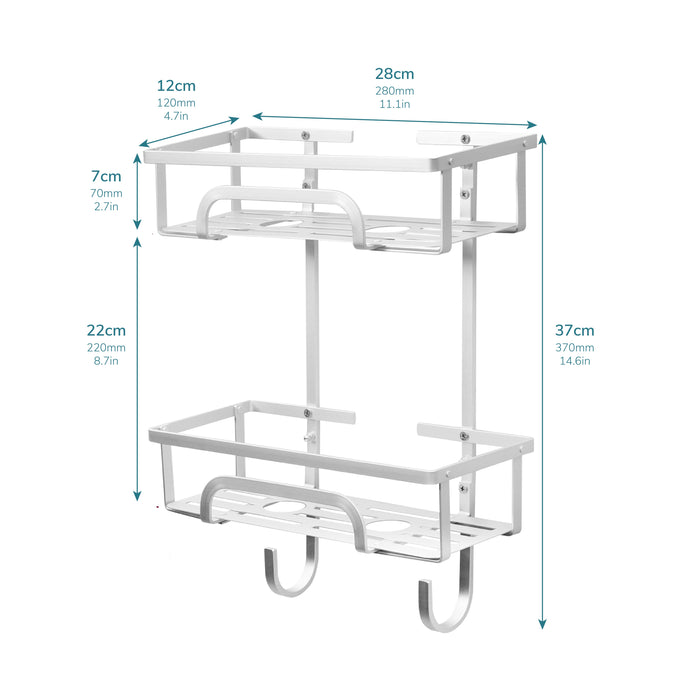 Self Adhesive 2 Tier Aluminium Shower Caddy with Bottom Hooks -