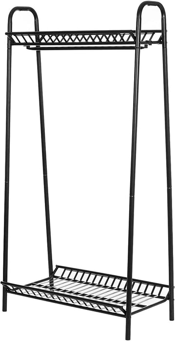 Two Tier Vintage Style Black Steel Clothes Rack with Two Storage Shelves -