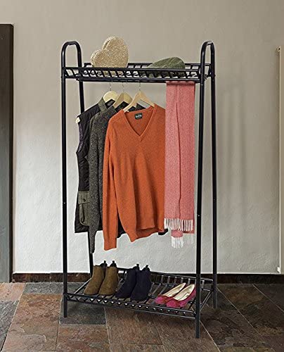 Two Tier Vintage Style Black Steel Clothes Rack with Two Storage Shelves -