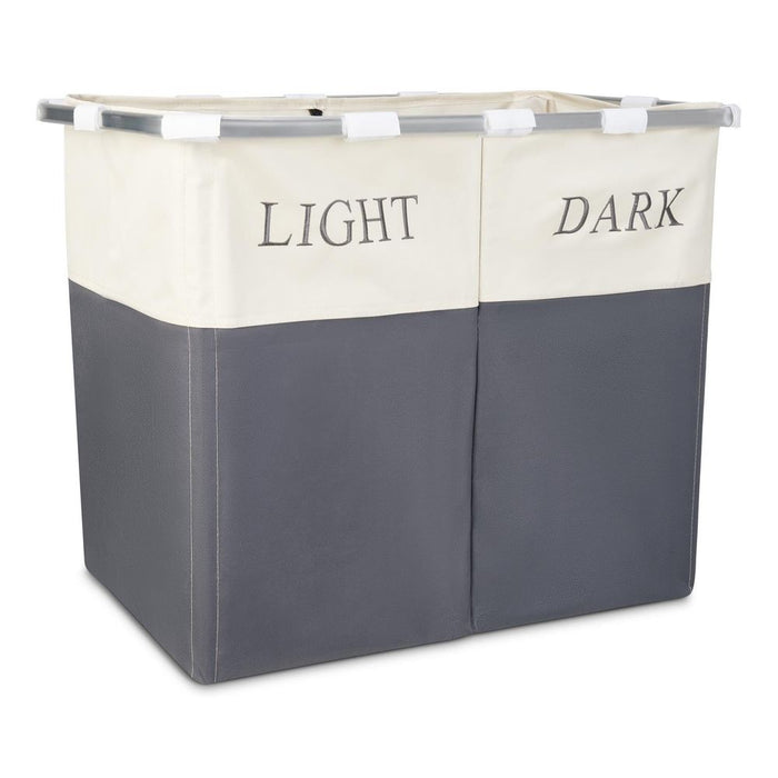 Lights and Darks Folding Laundry Sorter Basket Box Bag Bin Hamper Washing Cloths Storage 2 Compartments Metal - Grey