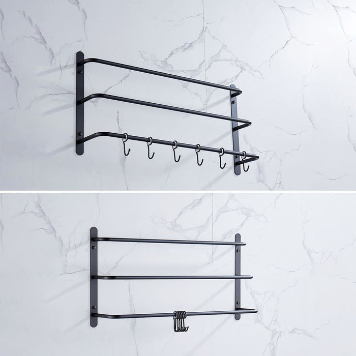 THREE Stagger Layers Towel Rack Upgraded with SIX Movable Hooks Stainless Steel Towel Bars Bathroom Accessories Set for Hanging Bath Sponge and Towels Matte Black 23.62 inches KJWY005HEI-60CM -