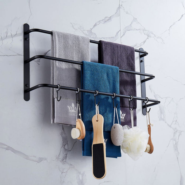 THREE Stagger Layers Towel Rack Upgraded with SIX Movable Hooks Stainless Steel Towel Bars Bathroom Accessories Set for Hanging Bath Sponge and Towels Matte Black 23.62 inches KJWY005HEI-60CM -
