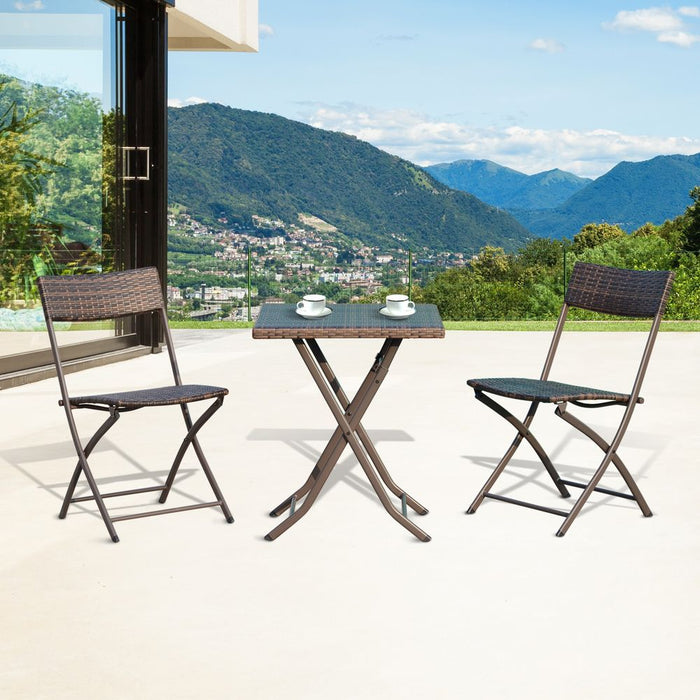 Rattan Garden Bistro Set Coffee 2 Wicker Weave Folding Chairs & 1 Square Table - Brown / 60cm x 60cm x 72cm